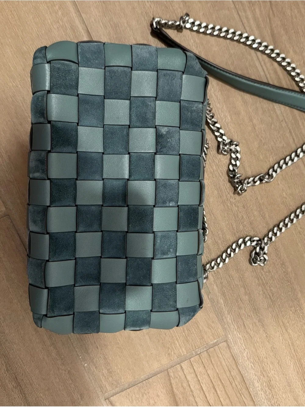 Tory Burch Woven Suede & Leather Crossbody in Sage Blue